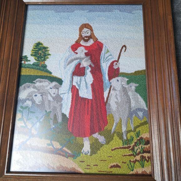 VTG Jesus THE SHEPERD Cross Stitch Wood Frame TAPESTRY RELIGIOUS WALL DECOR - Picture 10 of 10